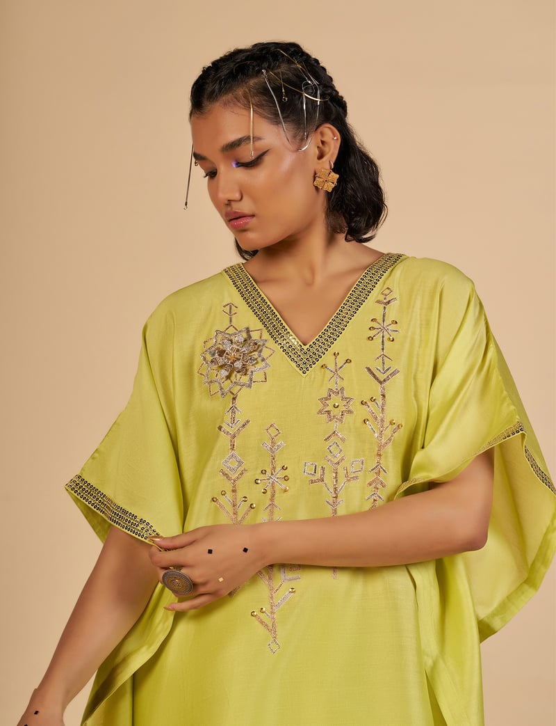 Lime Green Silk Chanderi Kaftan with Gota and Sequins