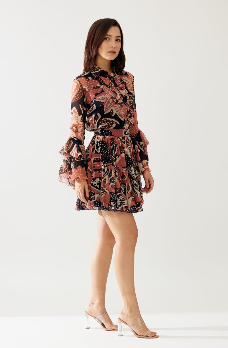 Dark Blue And Pink Floral Frill Top