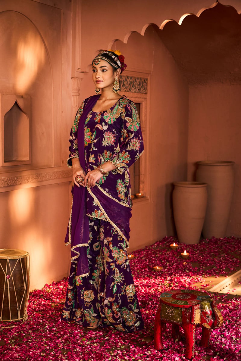 Purple Embroidered Kurta Sharara Set with Dupatta