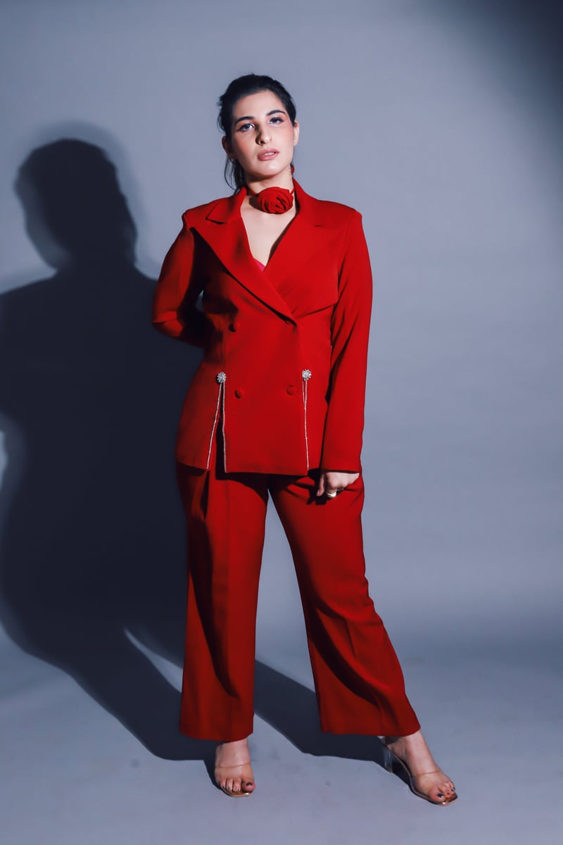 Red Crystal-Detail Blazer and Pants Tailored Set