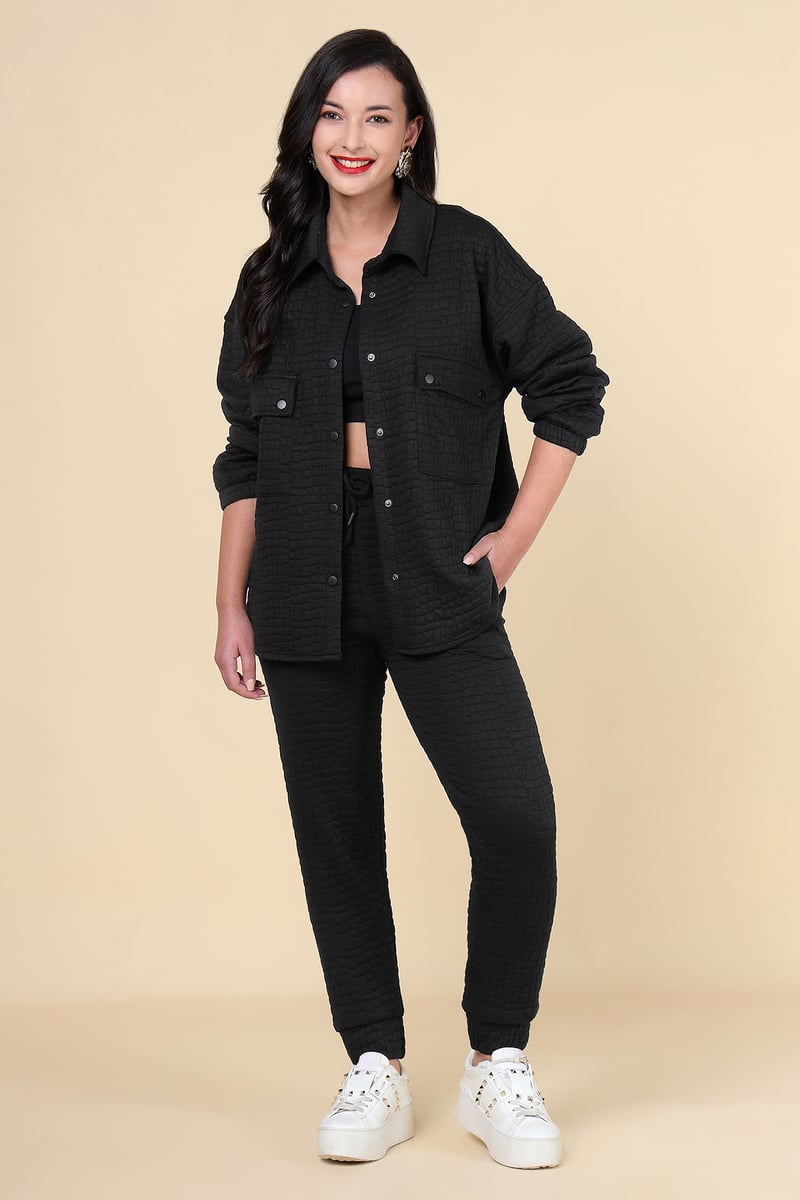 Black Quilted Shirt Jacket and Tapered Pants Co-ord Set — AYRISS