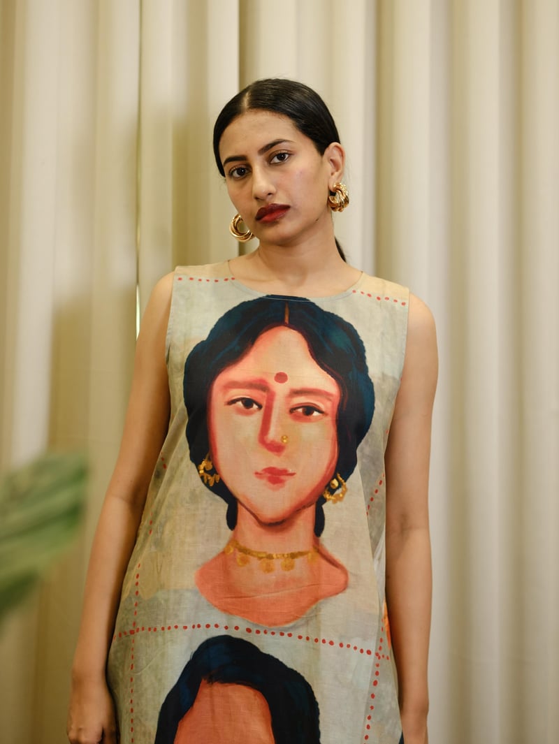 Multicolor Linen-Cotton Graphic Print Shift Mini Dress
