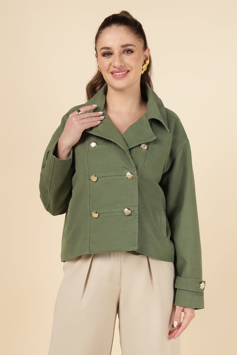 Green Double-Breasted Tailored Jacket with Gold Buttons