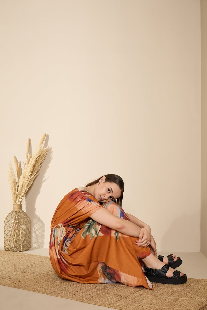 Rust Abstract Printed Cotton Poplin Maxi Dress