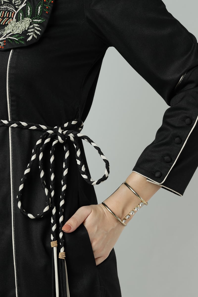 Black Embroidered Collar Belted Trench Jacket