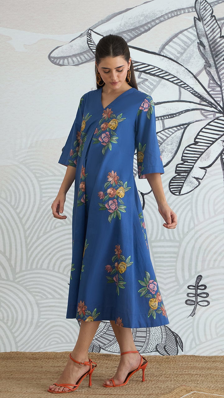 Blue Cotton Floral V-Neck A-Line Midi Dress