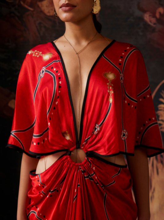 Red Cupro Satin Printed Maxi Gown with Waist Cut-Outs