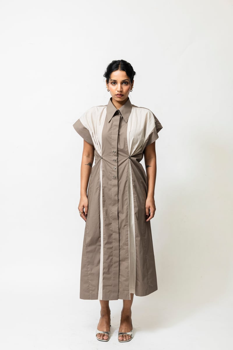 Beige Poplin Panelled Shirt Dress with Pleated Inserts