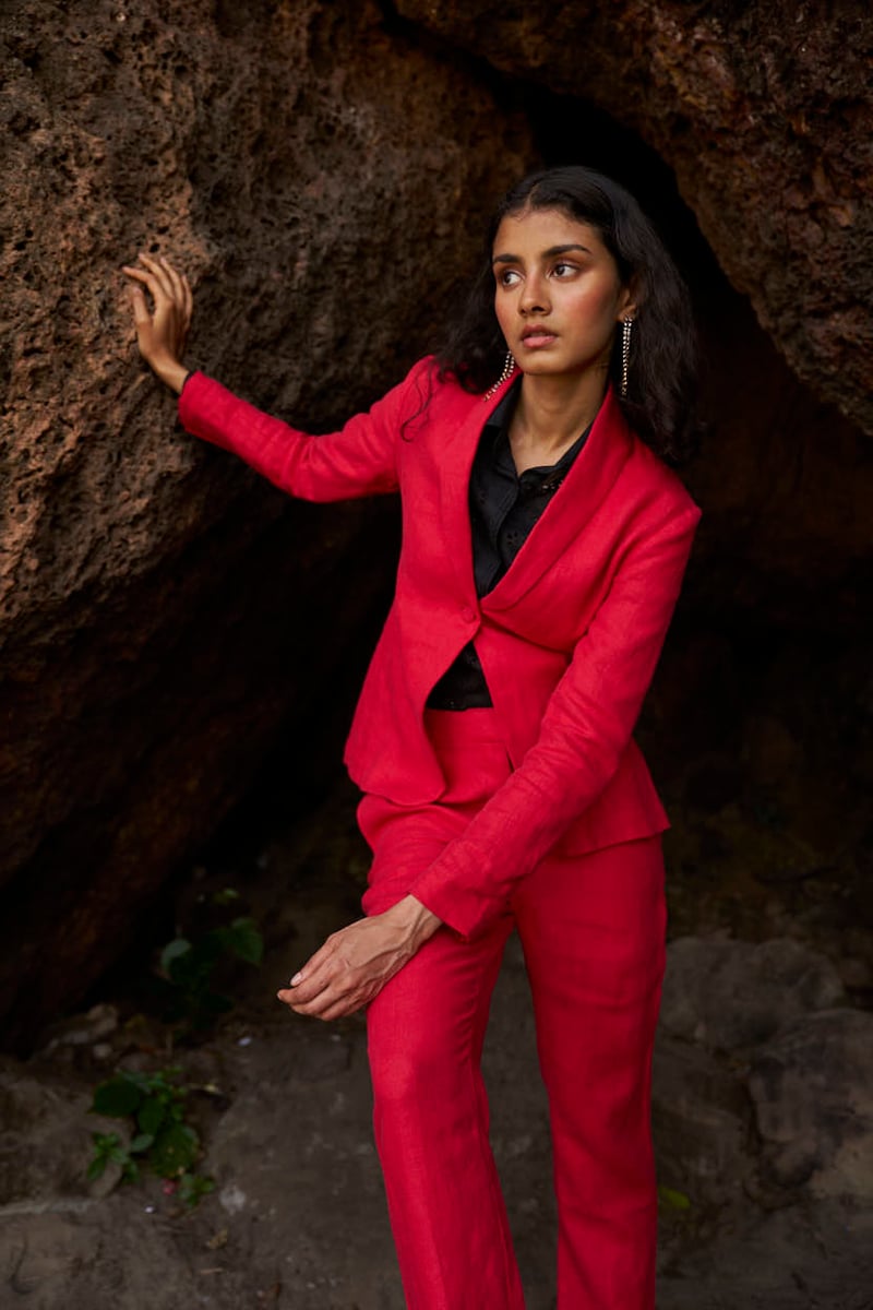 Red Linen Shawl Lapel Single-Button Tailored Blazer