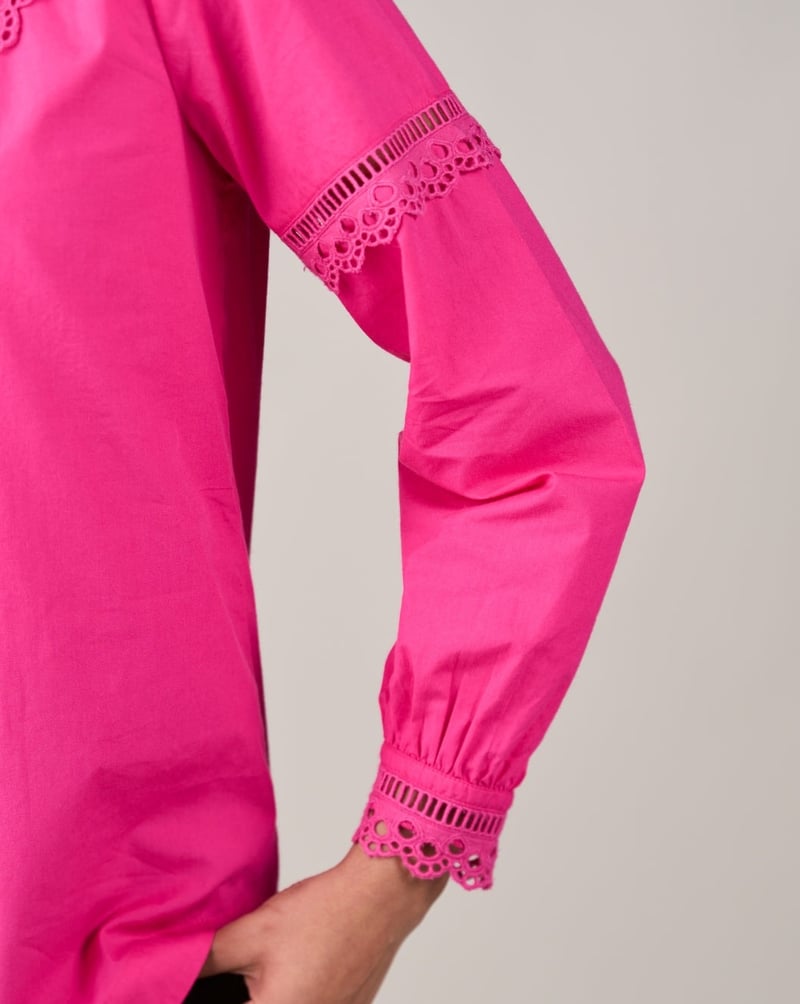 Pink Poplin Shirt Top with Lace Inserts and Mandarin Collar