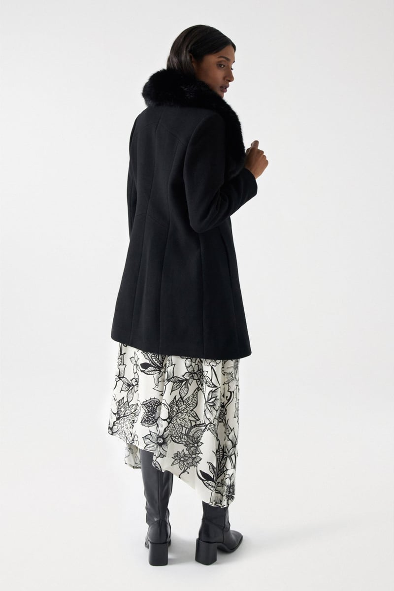 Black Wool-Blend Tailored Coat with Detachable Fur Collar