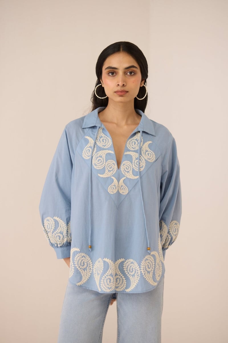 Dusty Blue Cotton Embroidered Oversized Blouse — Calling June