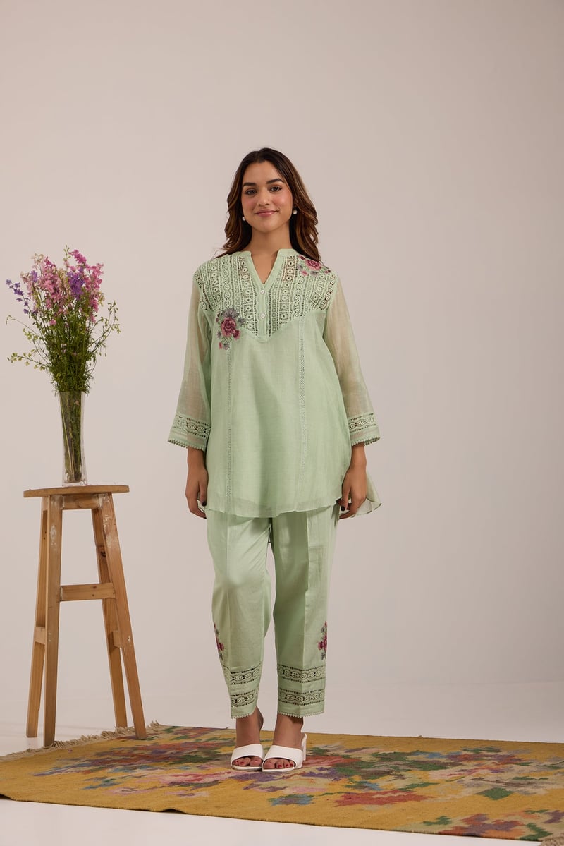 Sea Green Mul Chanderi Lace Yoke Tunic Pant Co-ord Set