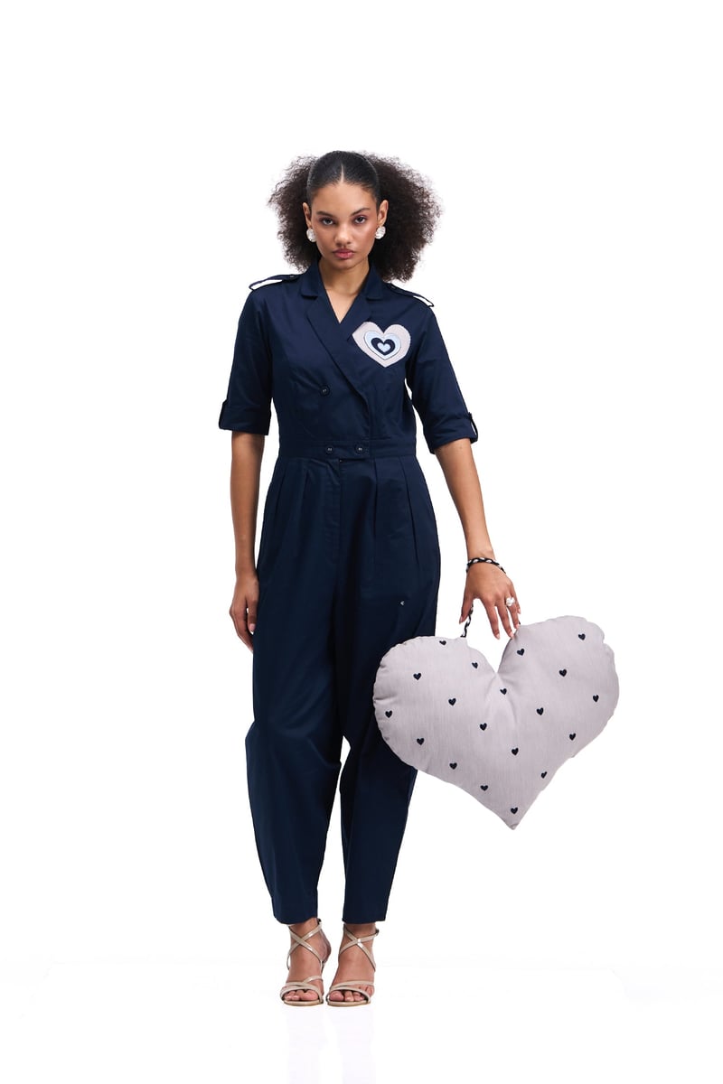Navy Cotton Satin Tailored Jumpsuit with Heart Applique — Our Love