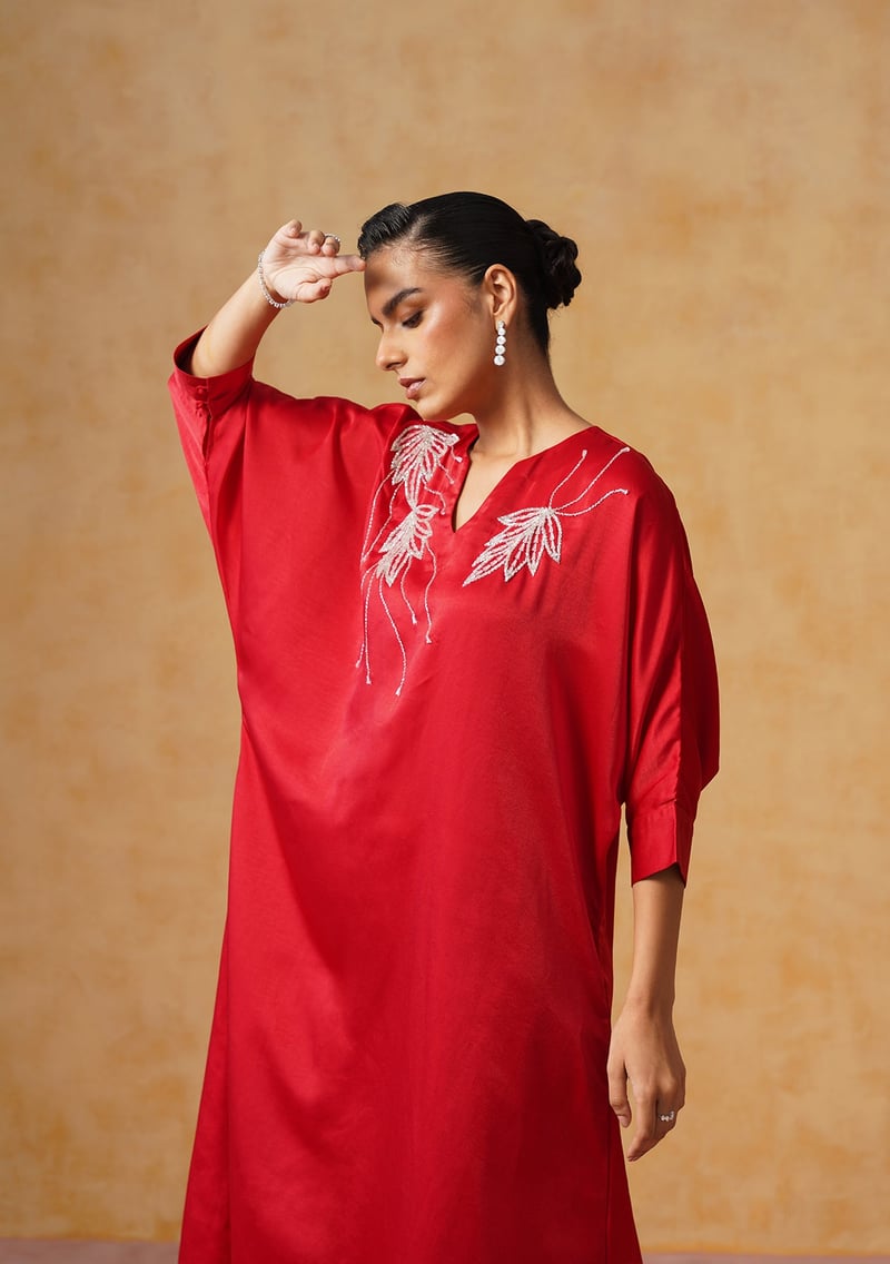 Red Satin Kaftan Midi Dress with Crystal Embroidery