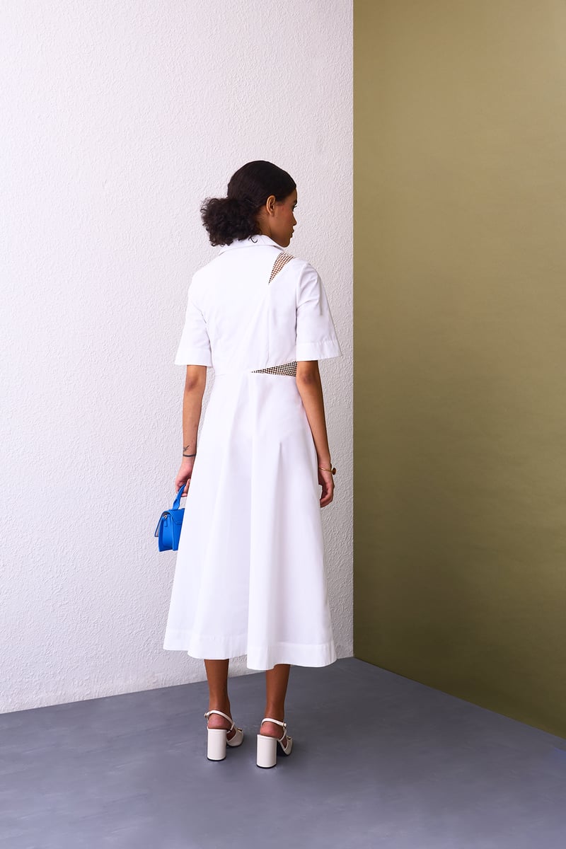 White Asymmetrical Shirt Dress with Pearl Cut-Outs