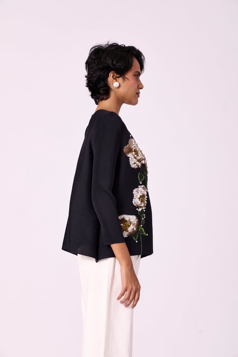 Black Pleated Floral Shirt with Pearl Details