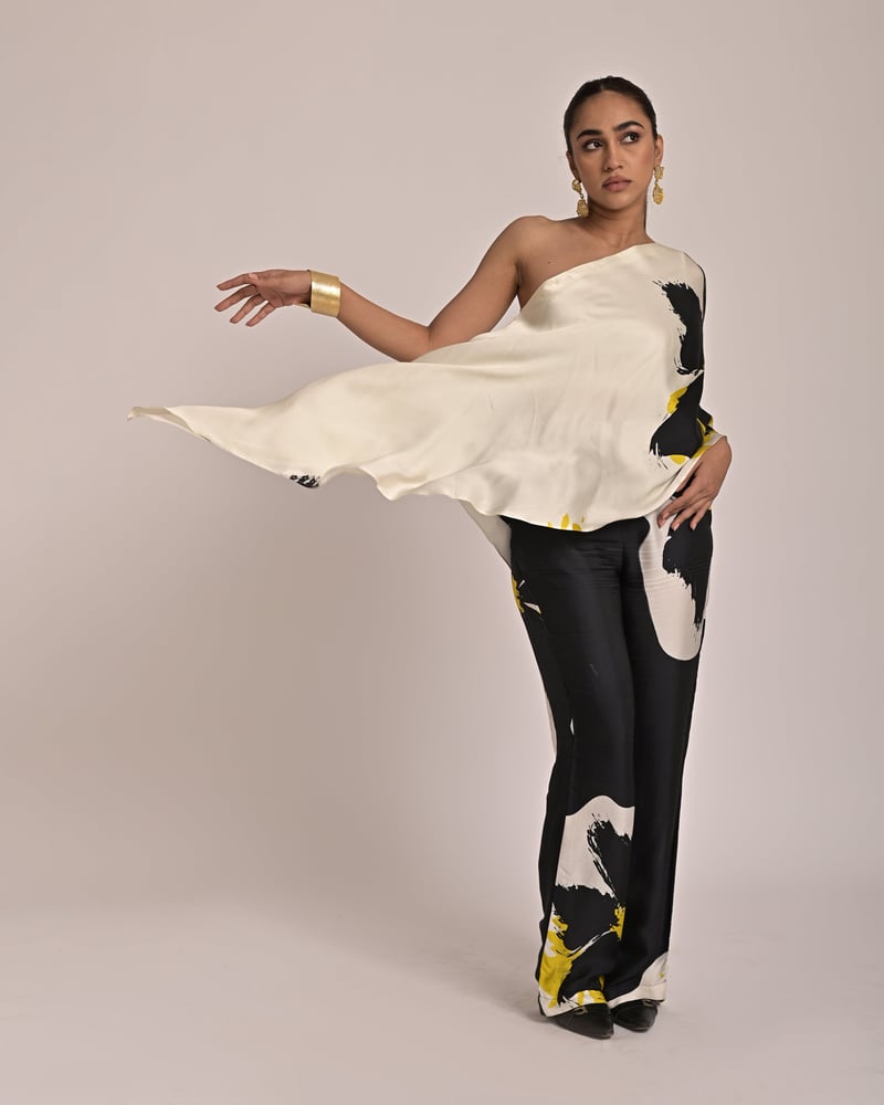 Ivory One-Shoulder Modal Satin Printed Long Top