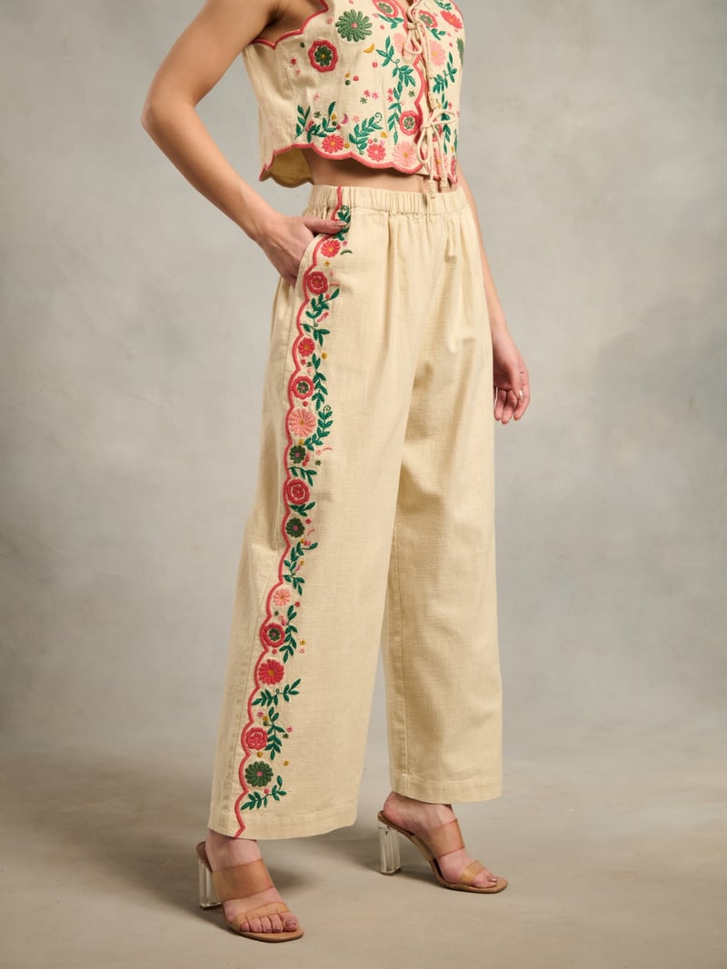 Pink Cotton Wide-Leg Embroidered Pants