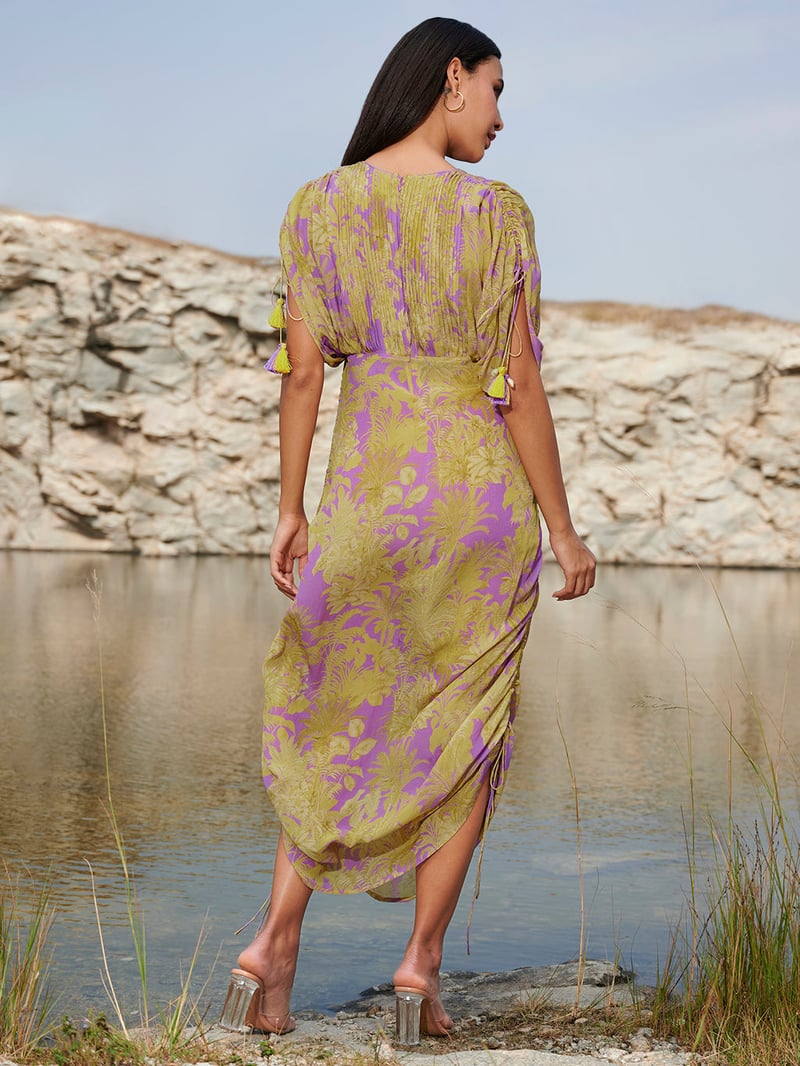 Purple and Yellow Printed Crepe Midi Dress