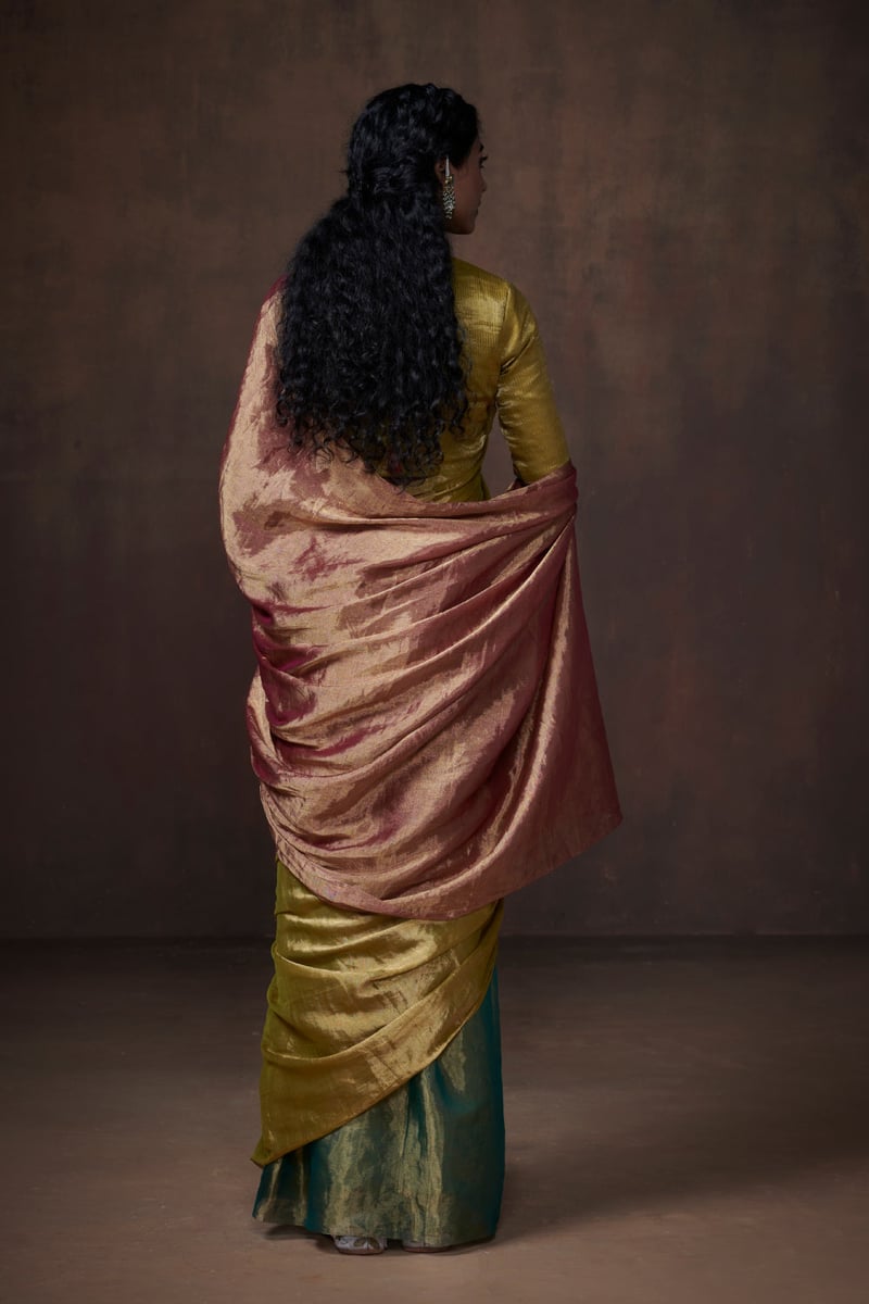 Teal Lime Rust Tissue Saree with Metallic Sheen