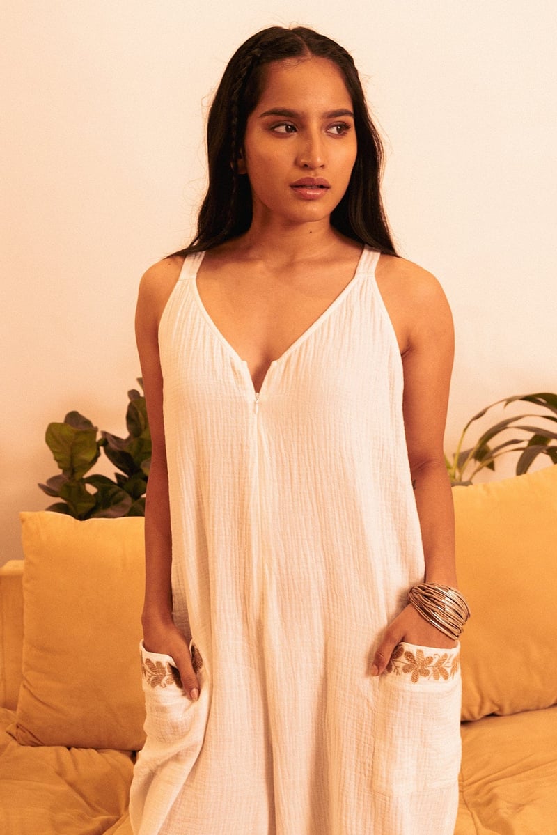 White Double Gauze Cotton V-Neck Jumpsuit