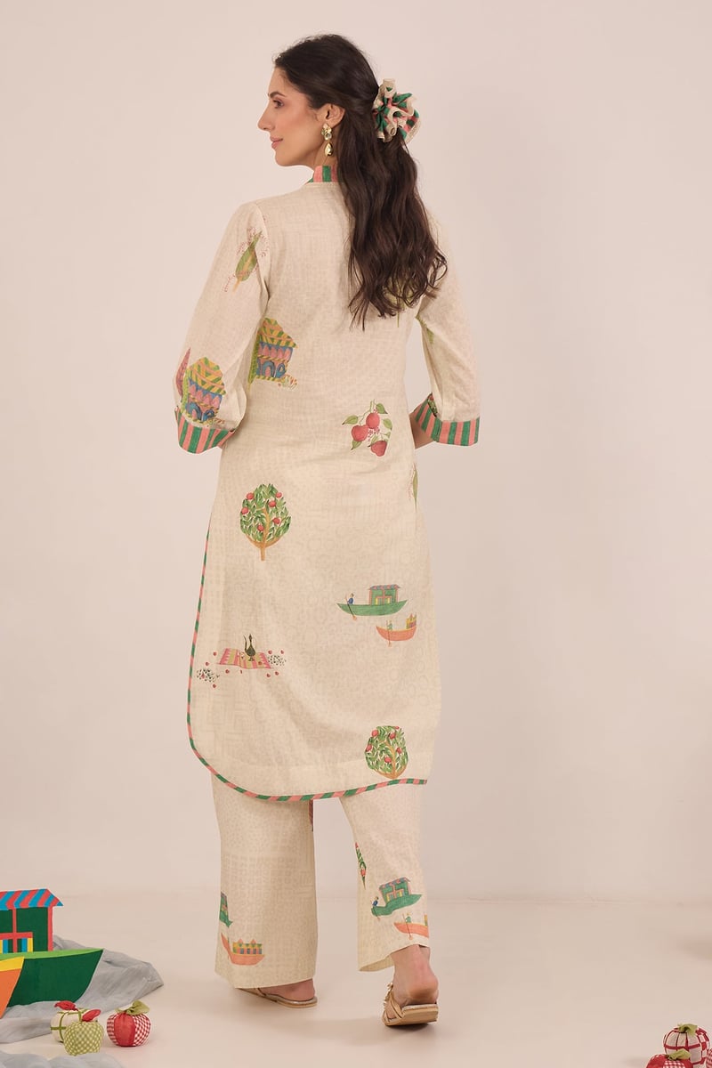 Cream Cotton Printed V-Neck Kurta and Pants Co-ord Set