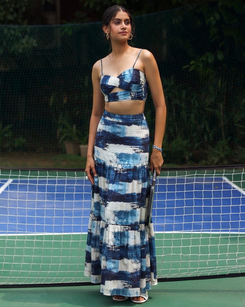 Blue and White Printed Crop Top and Maxi Skirt Co-ord Set