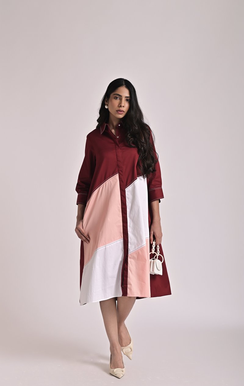 Multicolor Diagonal Colorblock Midi Shirt Dress