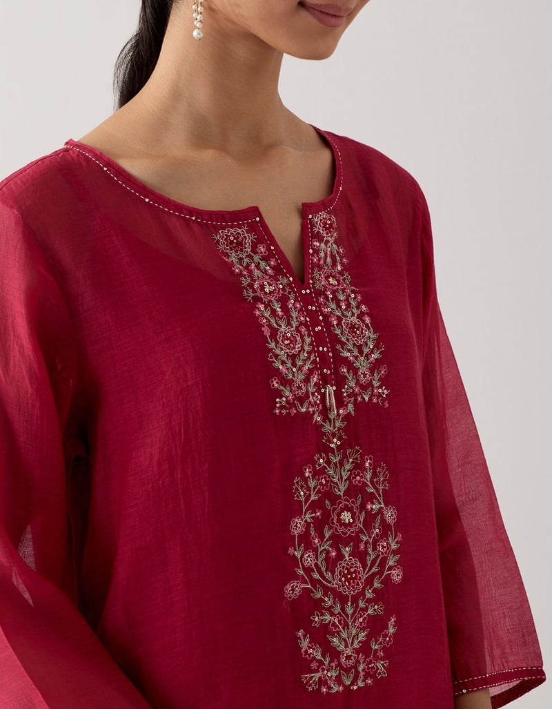 Deep Red Embroidered Straight Kurta Set with Pants