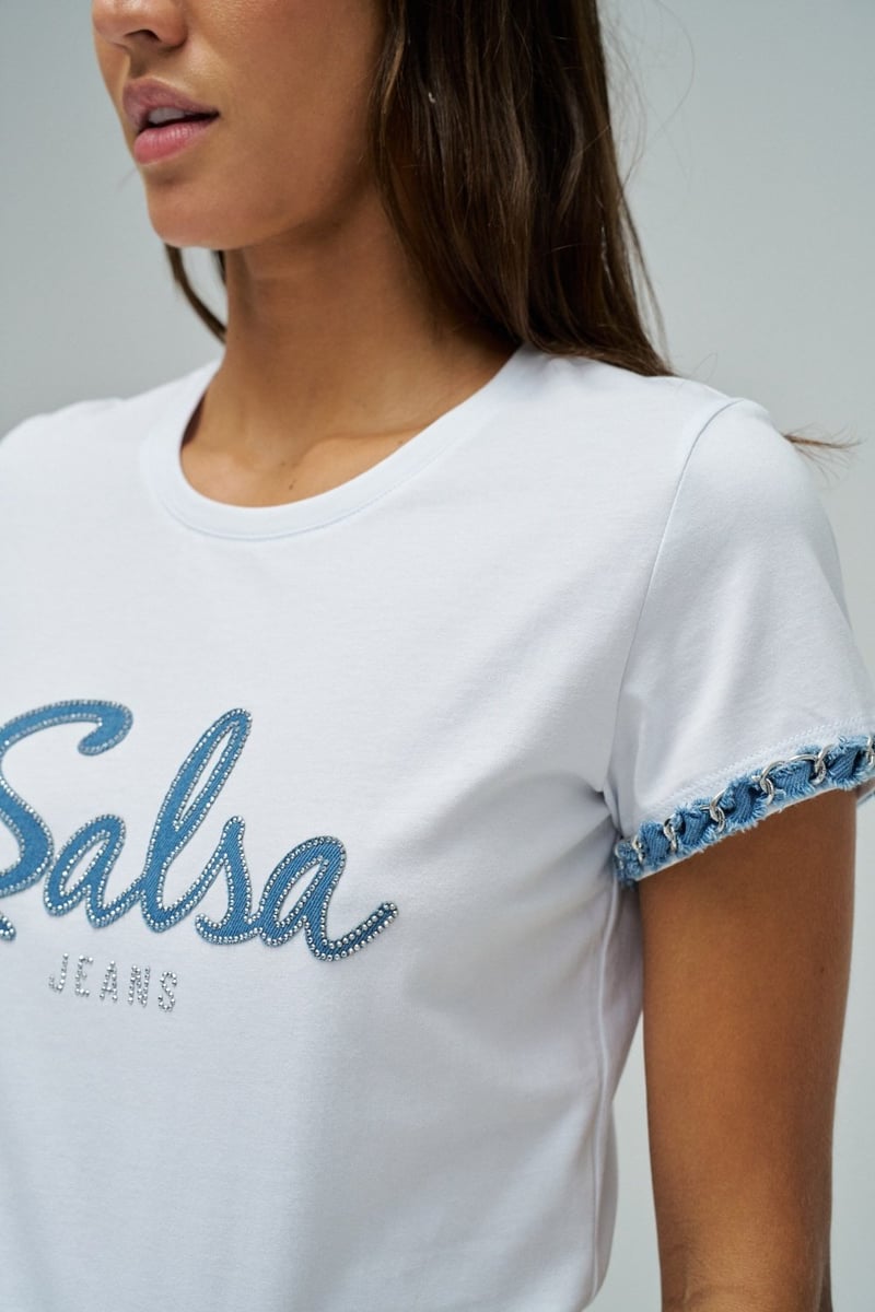 White Crew Neck Graphic T-Shirt with Sleeve Trim