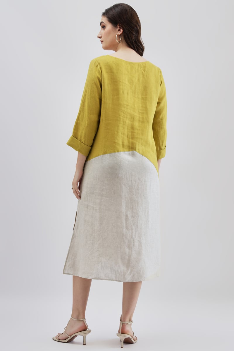 Lime Linen A-Line Midi Dress with Statement Applique