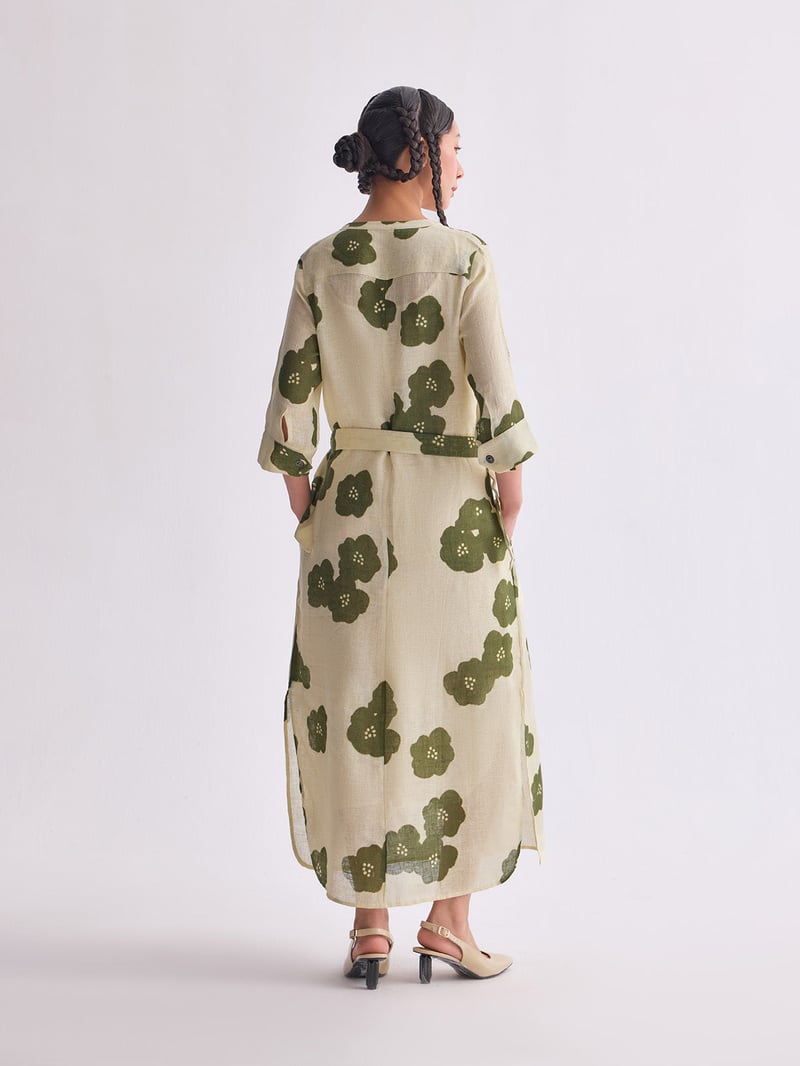 Green Poppy Gauze Linen Floral Midi Dress