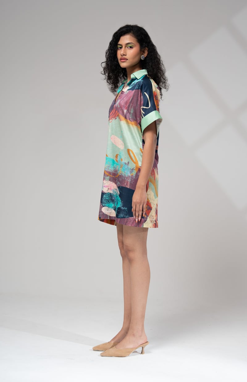 Multicolor Abstract Printed Satin Shift Mini Dress