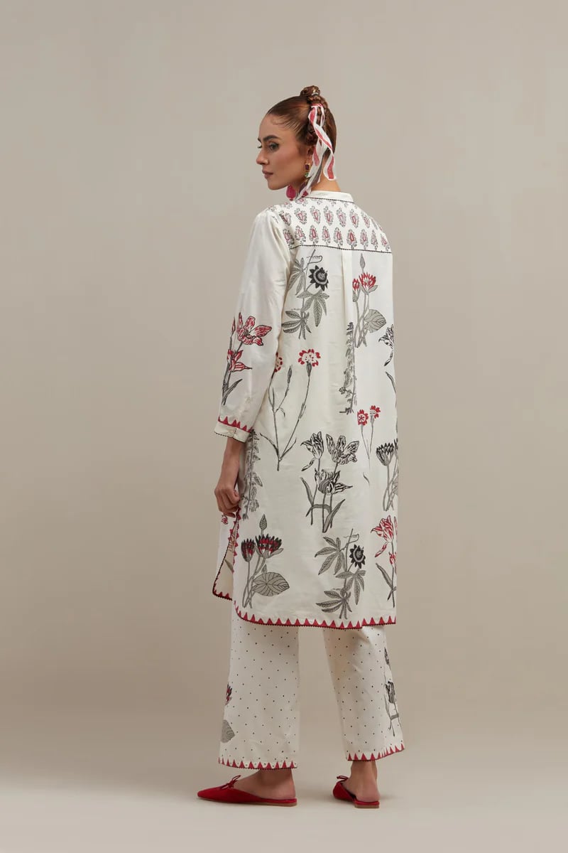 Off-White Floral Printed Straight Cotton Kurta Set with Dupatta