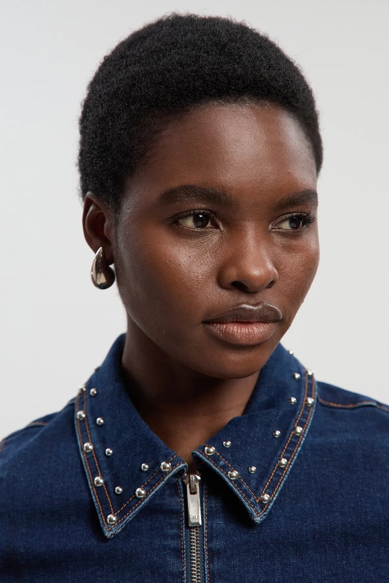 Dark Blue Studded Zip-Front Denim-Look Jacket