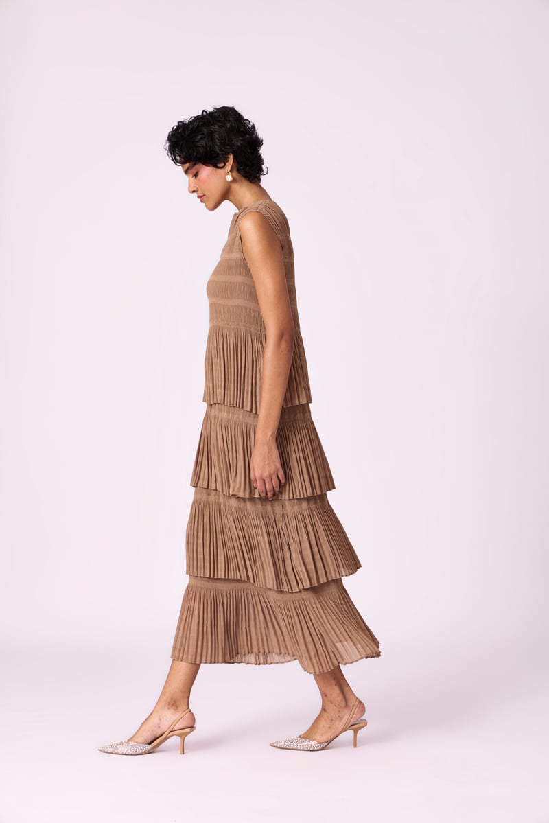 Taupe Tiered Pleated Chiffon Maxi Dress