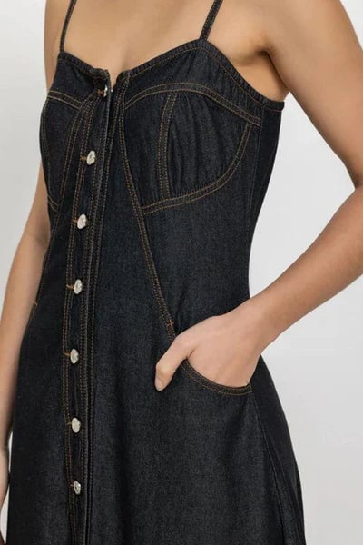 Blue Denim Button-Down A-Line Maxi Dress