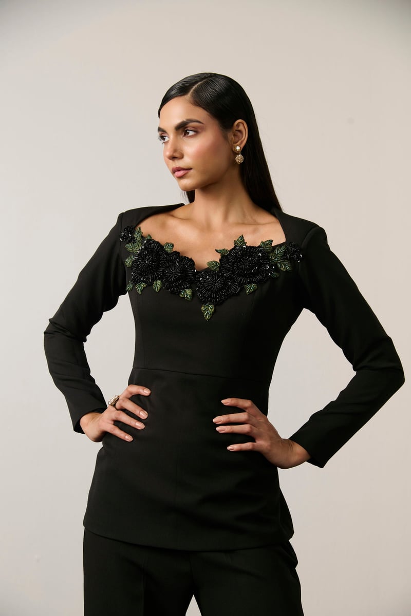Black Embellished Peplum Top and Wide-Leg Co-ord Set