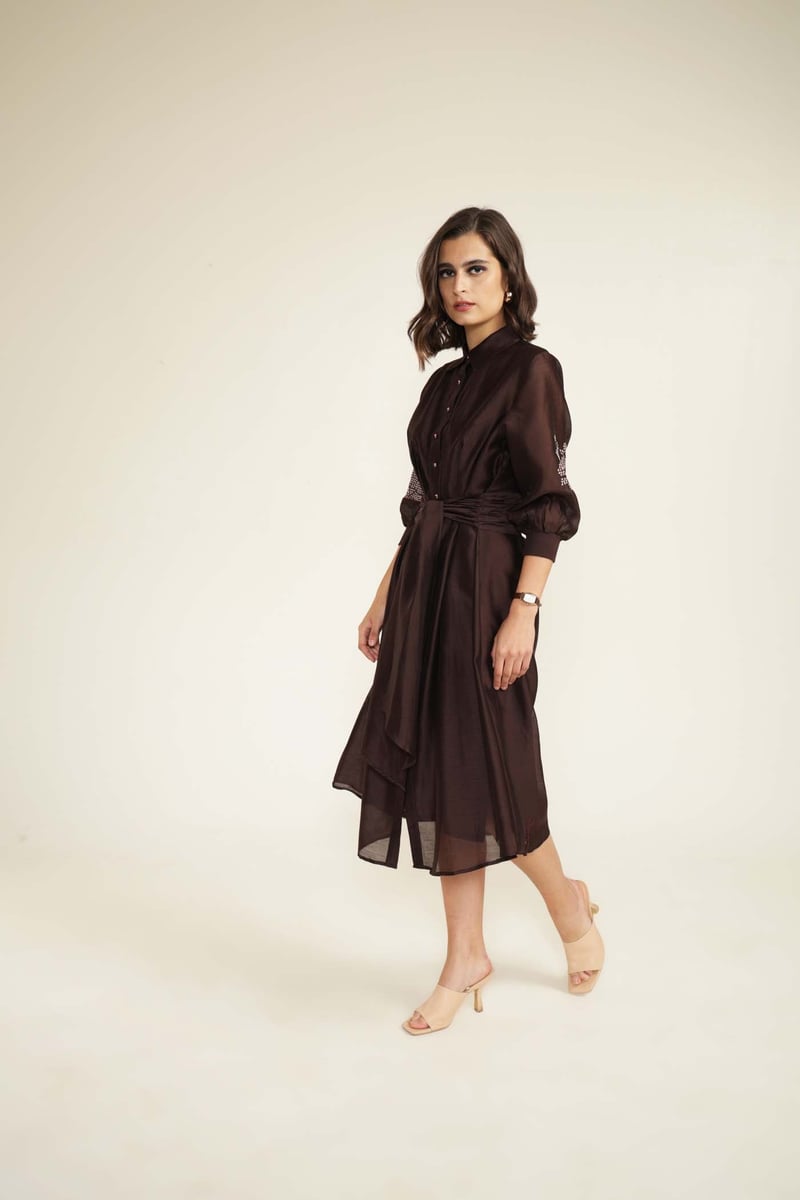 Grape Silk Chanderi Midi Shirt Dress With Hand Embroidery