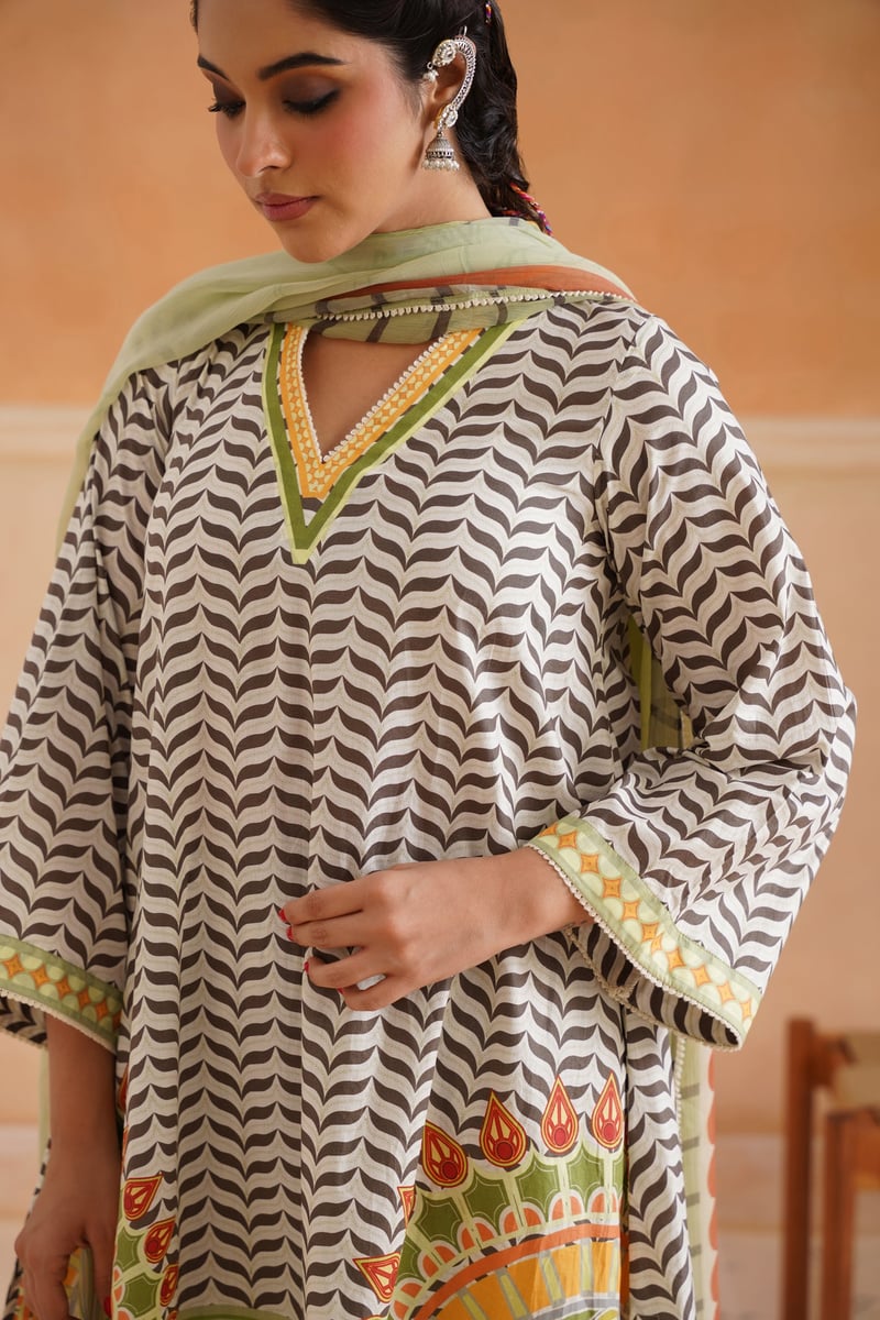 Green Chevron Print Kurta Set with Dupatta