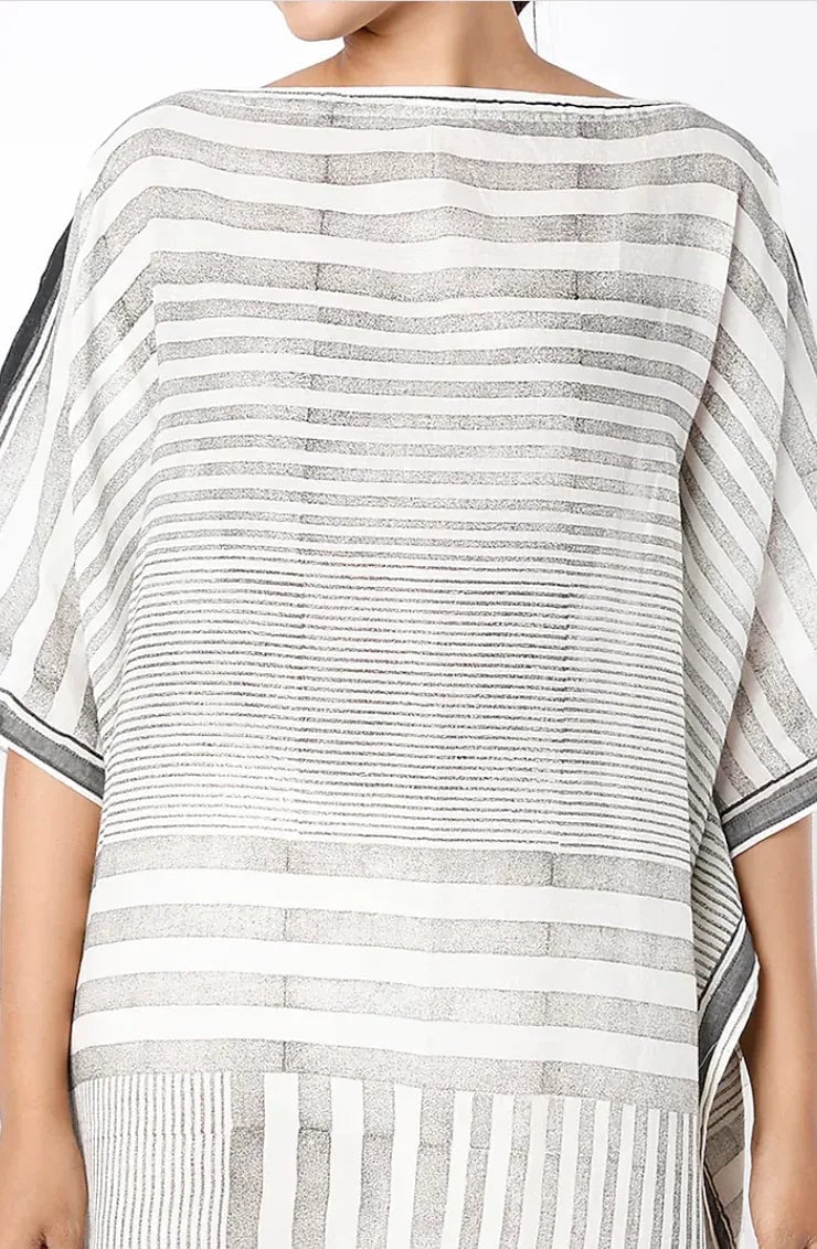 Black and White Striped Boat Neck Cotton Kaftan