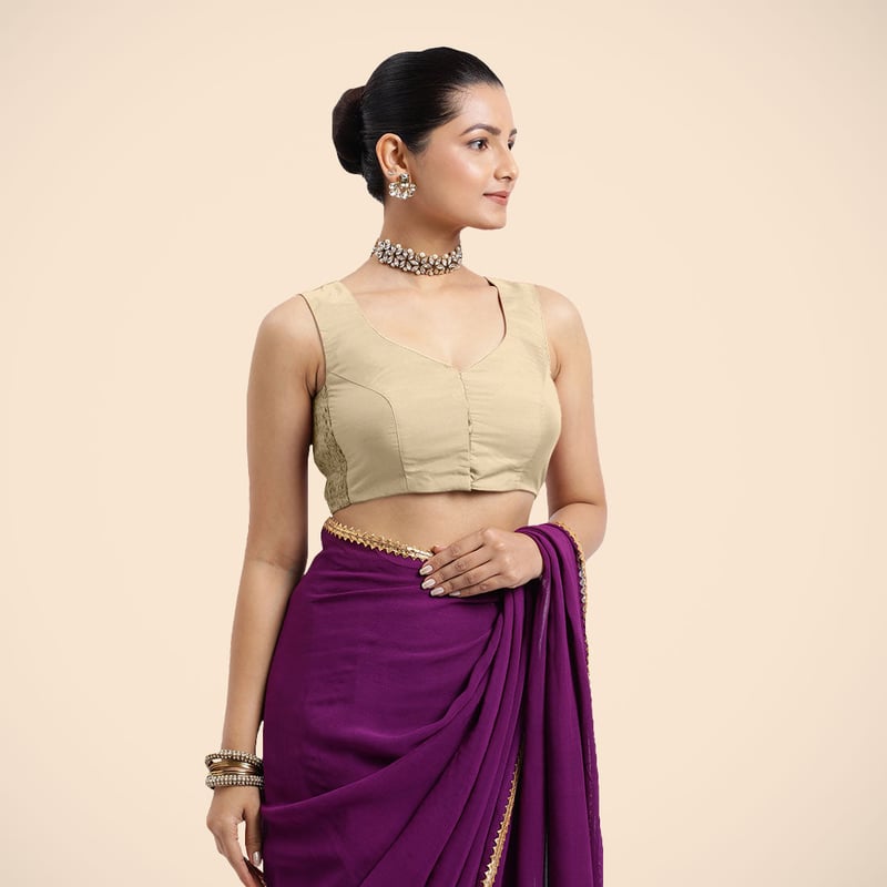 Cream Sleeveless Curved V-Neck Front-Open Saree Blouse