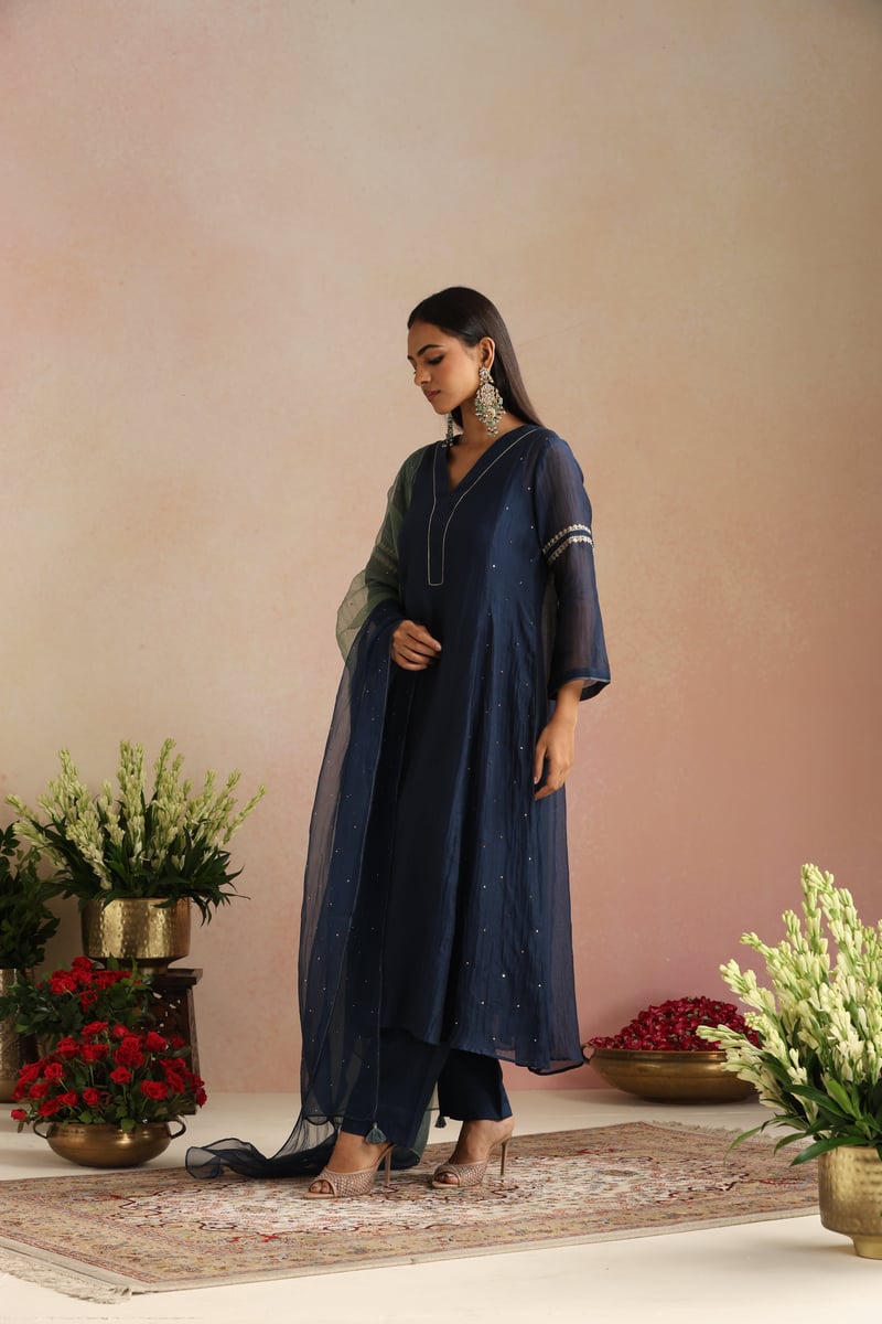 Navy Blue Silk Chanderi Embroidered Kurta Set