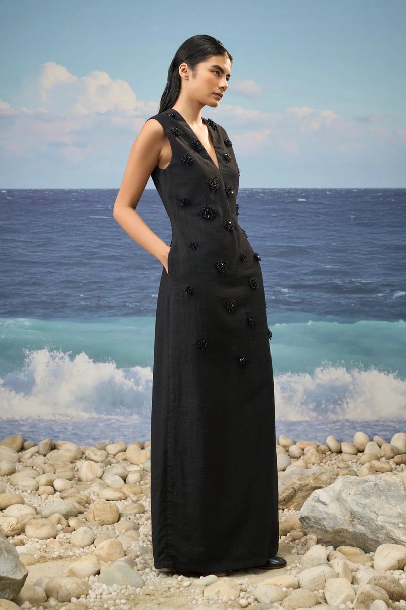 Black Textured Embellished Maxi Dress