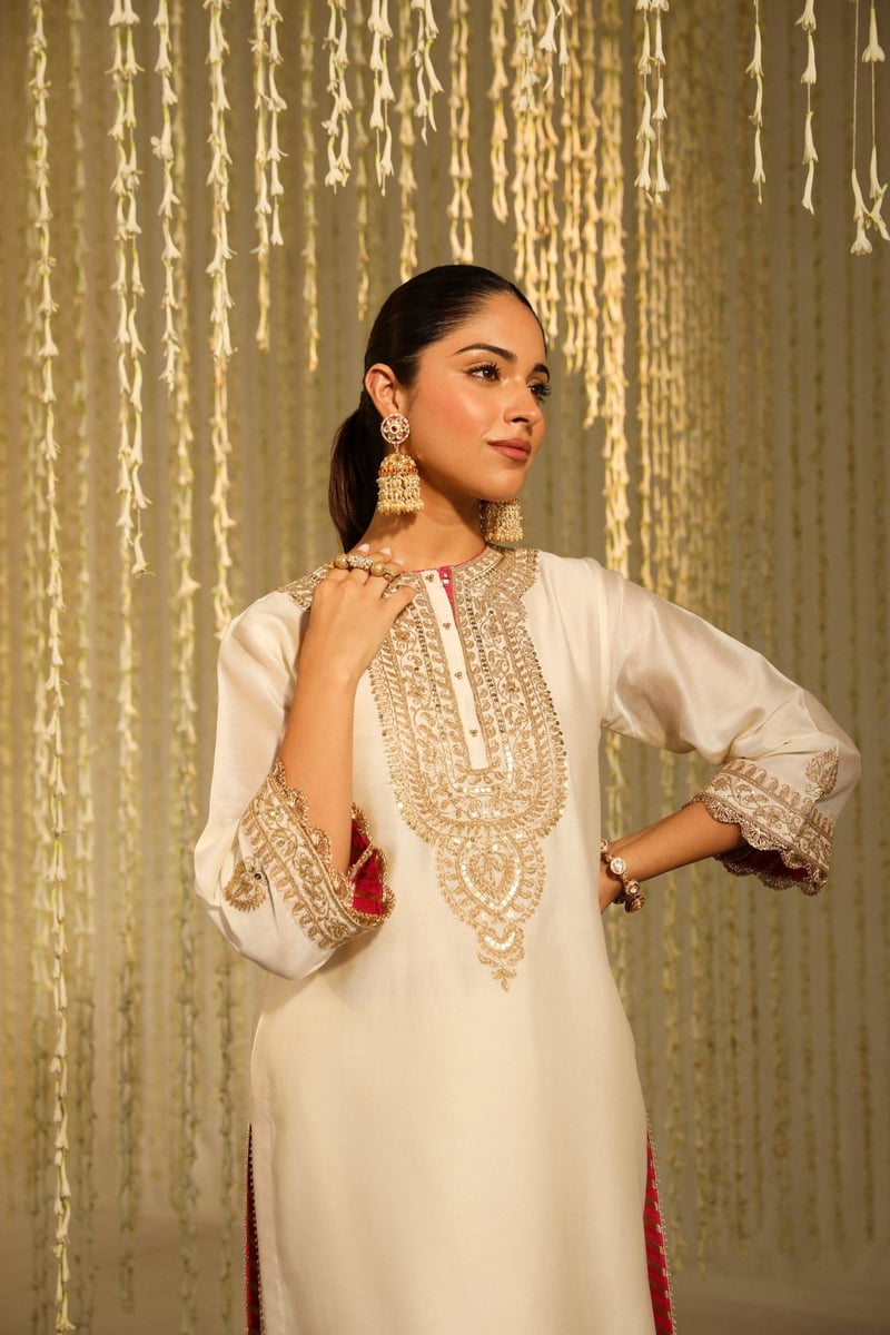 Daisy Ivory Embroidered Straight Kurta Set with Dhoti