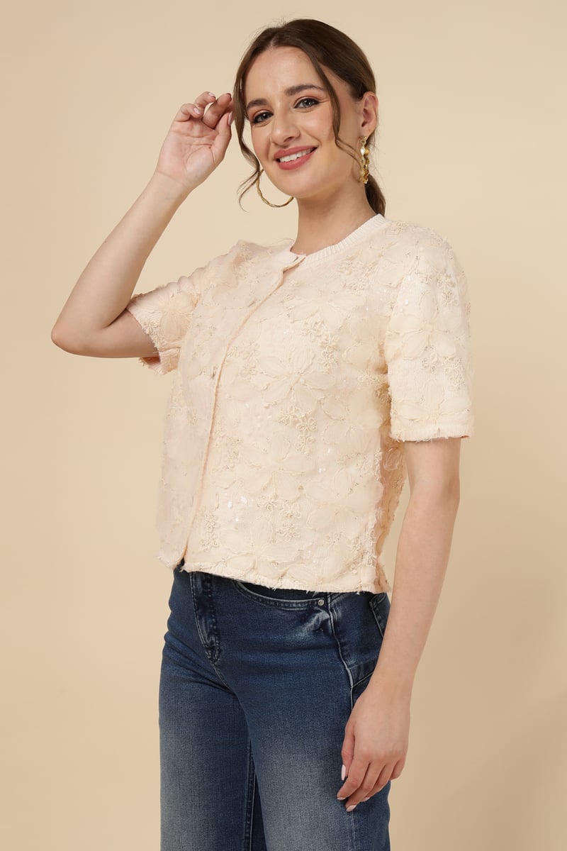 Beige Floral Textured Button-Front Cardigan
