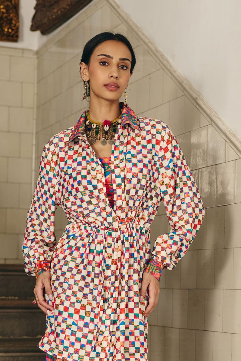Multicolor Printed Satin 3-Piece Co-ord Set