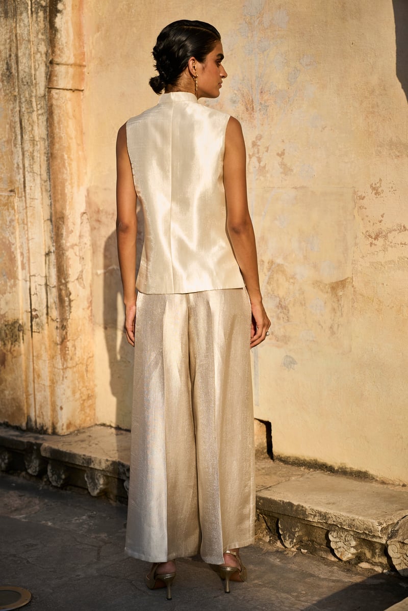 Ivory Metallic Wide-Leg High-Waist Trousers