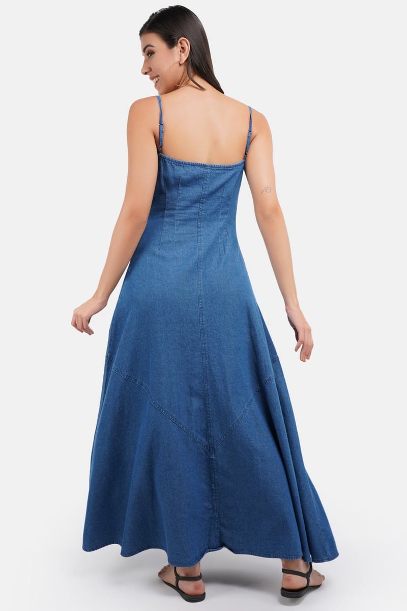 Blue Denim Button-Down A-Line Maxi Dress
